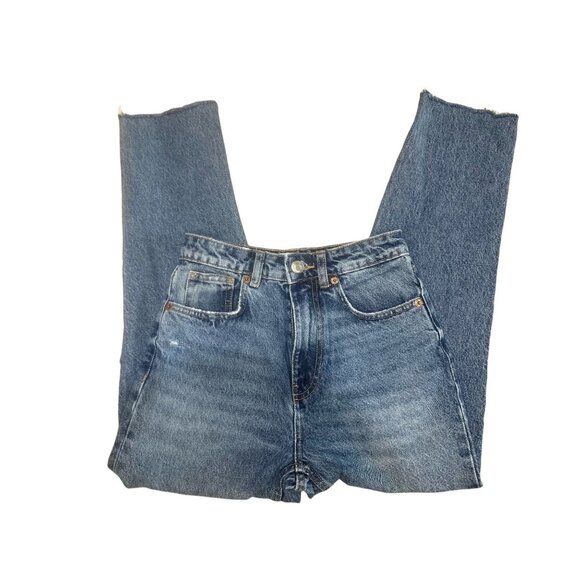 Zara High Rise Jeans Women 4 Blue Distressed Rigid Casual Contemporay Raw Hem - Picture 12 of 15